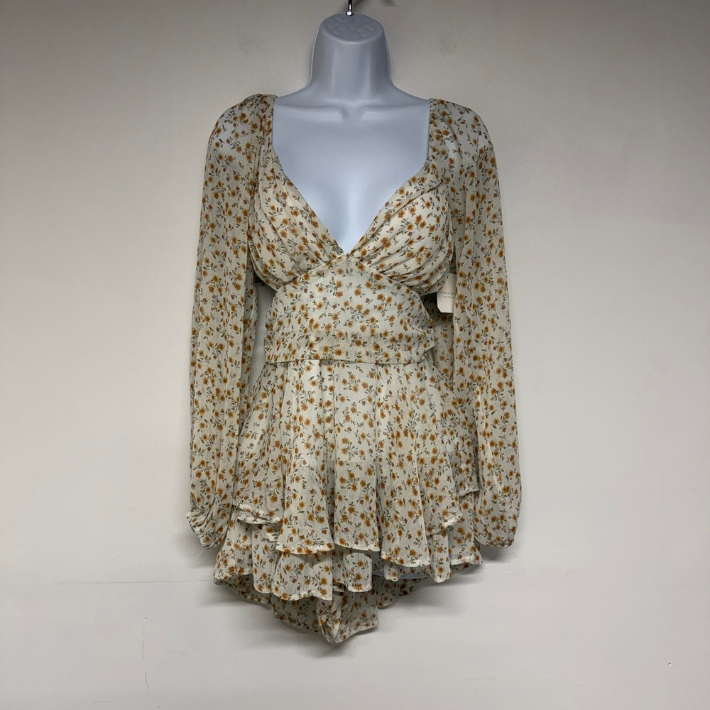 Altar'd State Floral Cottagecore Romper Small Cream Yellow Long Sleeve Ruffle